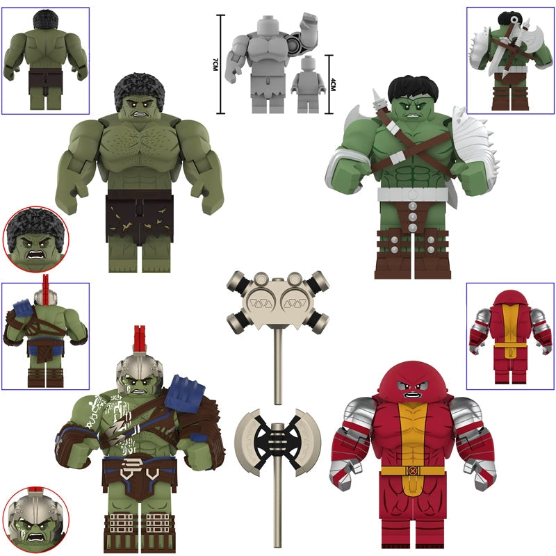 A product catalog sheet showing multiple Hulk-themed building block figures and accessories on a white background, with figure numbers and names printed beside each image.