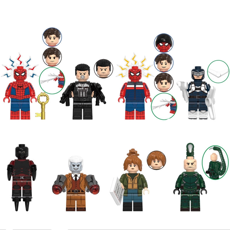 A product collage showing multiple Marvel-themed building block minifigures on a white background, with labels including Spider-Man, Punisher, Boomerang, Tarantula, Tombstone, Jean Grey, and Scorpion, plus interchangeable head and arm accessories. Text at the top reads 'Pre-Sale' and 'G0231'.