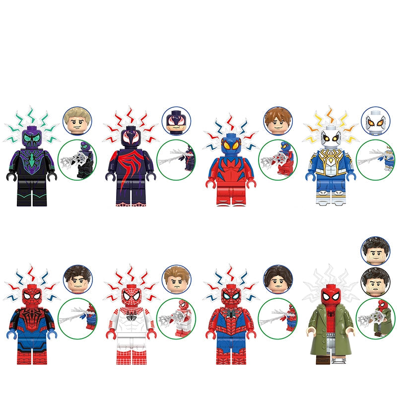 A product catalog sheet showing multiple Spider-Man-themed building block minifigures and accessories arranged in two rows on a white background, with model numbers and names printed below each figure. The sheet includes the text 'G0232' at the top.