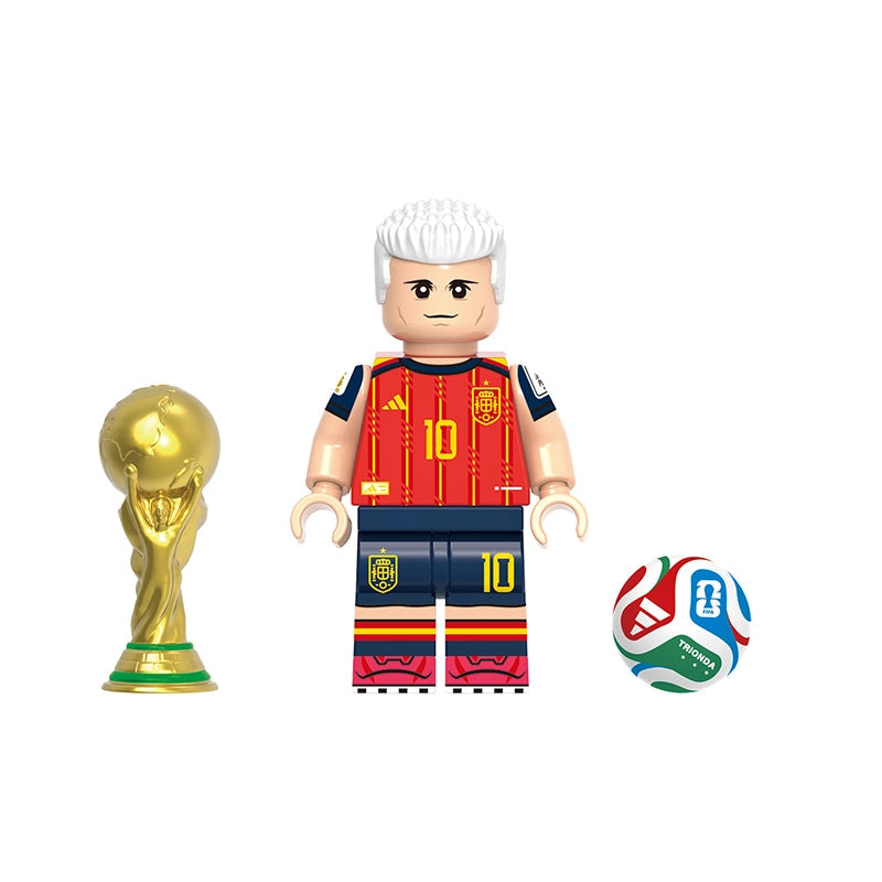 A toy soccer minifigure labeled 'Olmo' with a FIFA World Cup trophy and a soccer ball on a plain white background. A gray label at the top reads 'GHO816'.