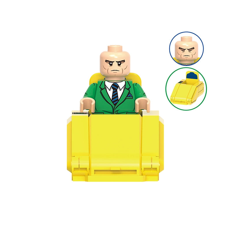 A building block minifigure labeled 'Professor X' seated at a yellow desk, with a gray label 'GH0941' above and two inset detail circles showing the face and desk accessory. The figure wears a green suit with a striped tie on a white background.