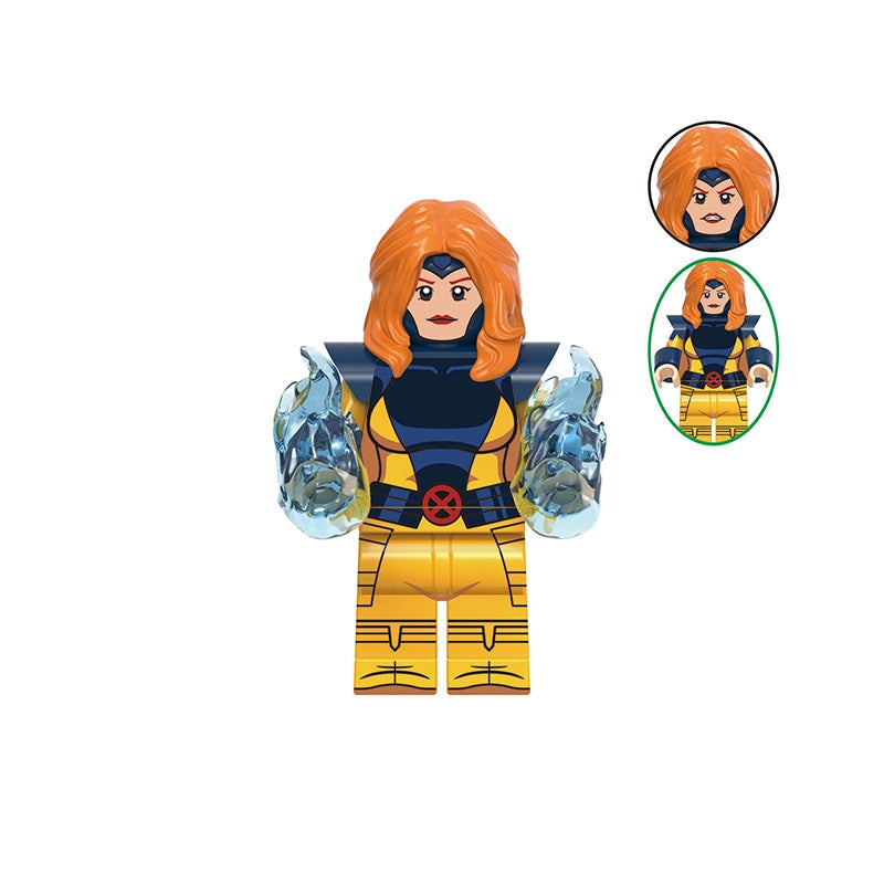 A toy minifigure labeled 'Jean Grey' with the code 'GH0942' on a white background. The figure has orange hair, a blue and yellow costume, and translucent blue arm pieces.