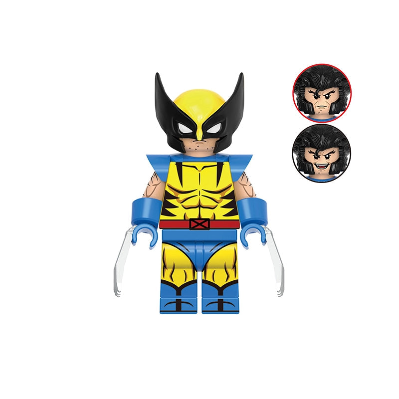A Wolverine-themed building block minifigure centered on a white background, with a gray label reading 'GH0945' above and 'Wolverine' below. Two circular inset head views of the character appear on the right.