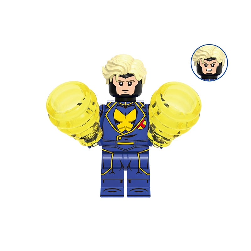 A building block minifigure of Havok from Marvel, featuring a blue and yellow suit, blonde hair, and translucent yellow bionic arm prosthetics. The image includes a gray label at the top with the code 'GHO957' and a circular inset showing an alternate angry face design.