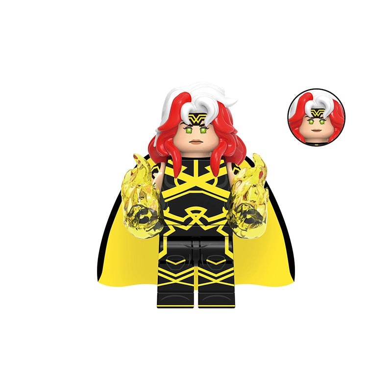 A block-style character figure labeled 'Celestial Rogue' with a gray 'GHO958' label above and a small circular inset of the head. The figure has bright red hair, a white helmet, and a black-and-yellow costume with a yellow cape on a plain white background.