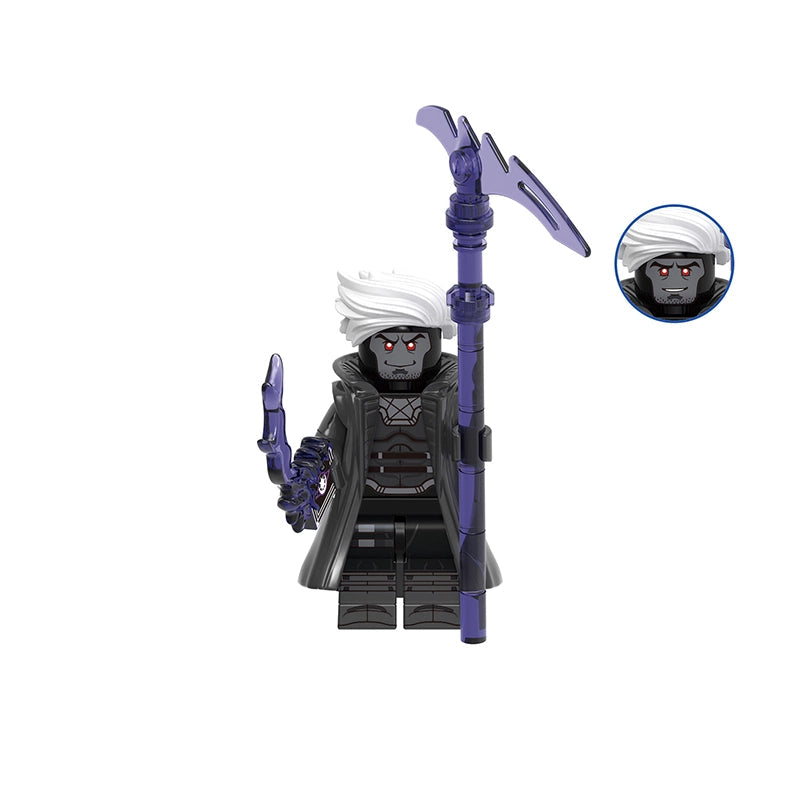 A building block minifigure labeled 'Gambit' with the code 'GHO959' above it. The figure has white hair, a dark gray face and chest, a black robe, and holds a purple staff with a curved blade.