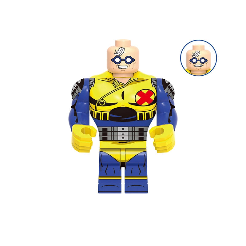 A block-style toy figure labeled 'Strong Guy' with the code 'GHO961' above it, shown on a plain white background. The figure has a bald head, blue and yellow body panels, black arms, and a red chest graphic.