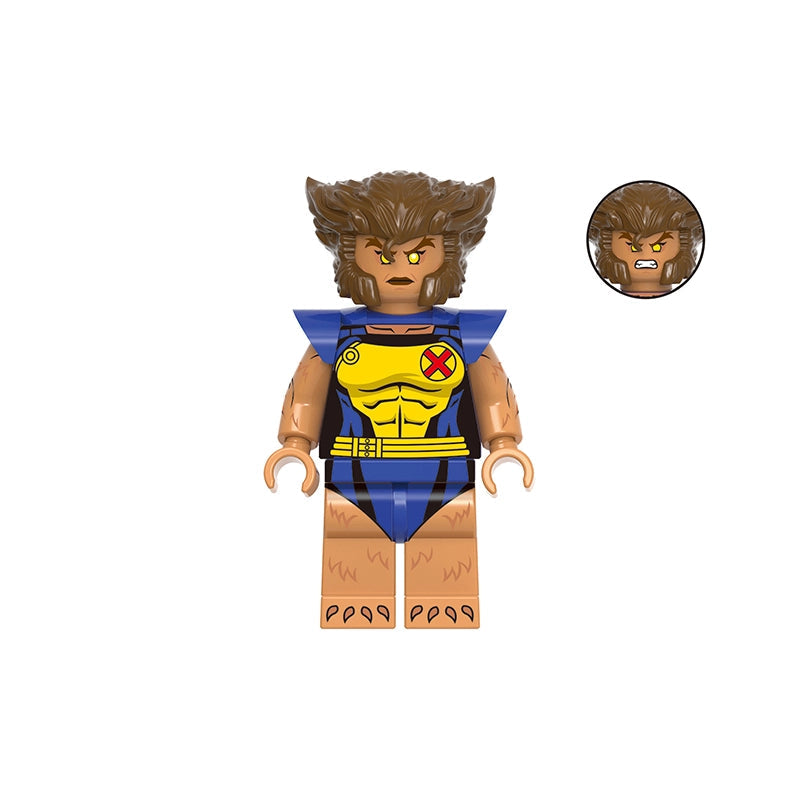 Pixelated custom minifigure design labeled 'GHO963' and 'Wolfsbane' on a white background, with a circular character head insert and tan skin-tone legs.