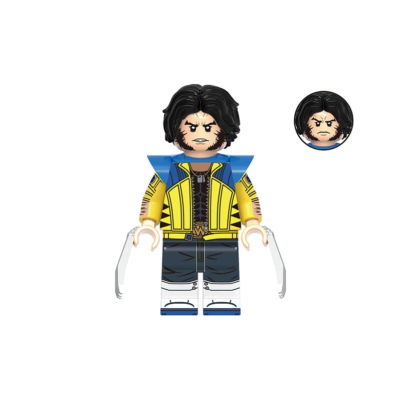 A toy minifigure of Wolverine with black hair, a yellow and blue jacket, dark pants, and metal claws, shown on a white background with a model number label and a close-up head insert.
