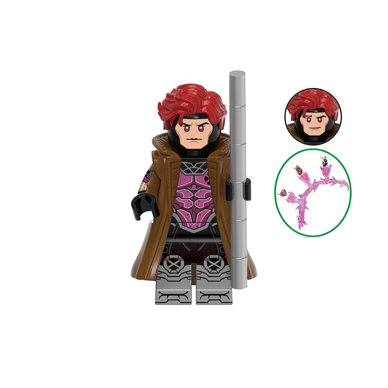 A building block minifigure of Gambit with red hair, a brown coat, and a pink and black suit, holding a gray staff. The image includes a circular inset of the red hair detail and a small accessory inset, with the text 'GHO968' at the top and 'Gambit' at the bottom on a white background.