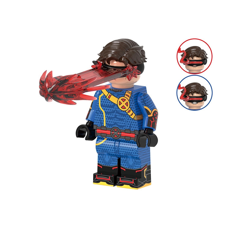 A building block minifigure labeled 'Cyclops' with a gray 'GHO970' badge above and two inset views showing the eye piece. The figure wears a blue suit with yellow and red details, black boots, and a dark brown wig.