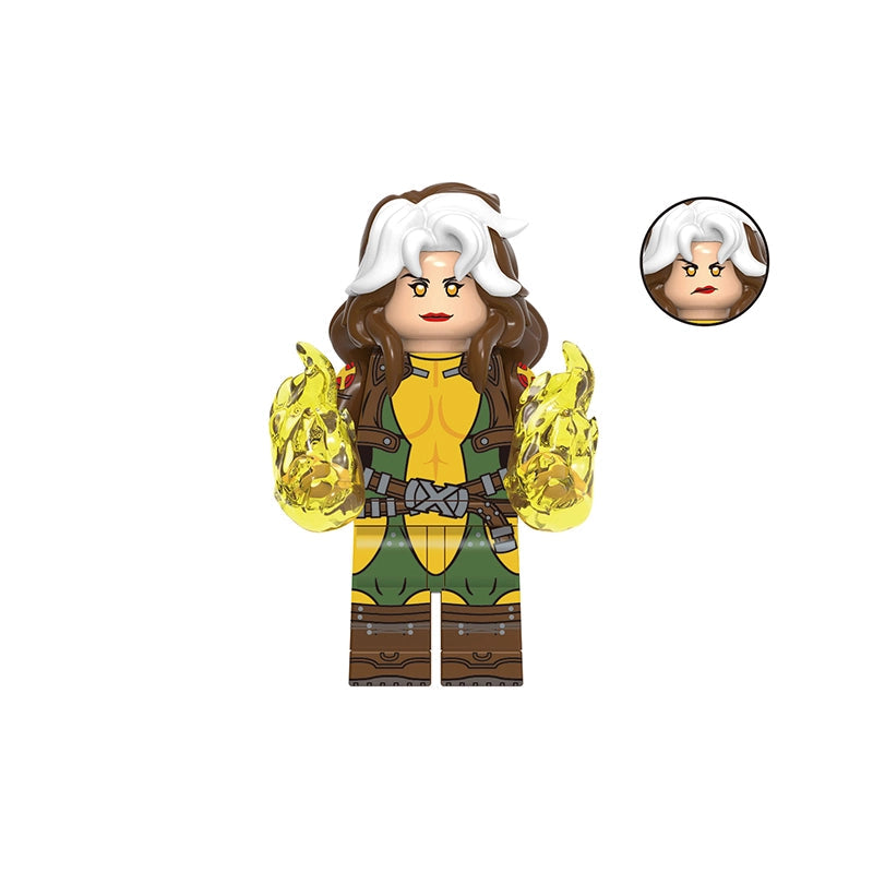 A custom minifigure of Rogue from X-Men, featuring yellow and green suit, brown hair, and white hair accents, with yellow flame hands and an alternate head accessory shown on a white background.