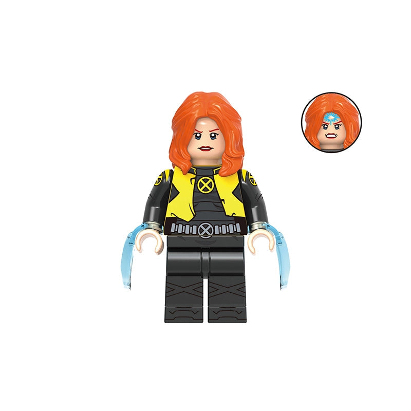 A custom-built toy minifigure of Jean Grey from X-Men, featuring orange hair, a black and yellow costume, and blue energy gauntlets, shown on a white background with a model number 'GHO976' and an inset close-up of the head.