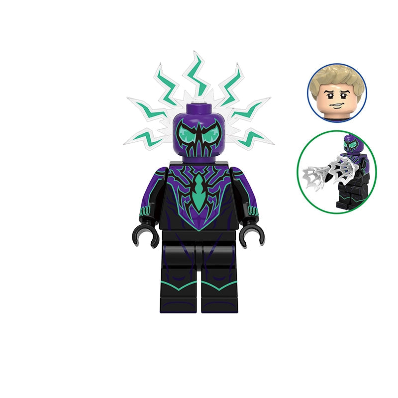 A toy minifigure labeled 'Chasm Spider-Man' with a gray 'GH1028' badge above and a small inset showing an alternate blond head. The figure is mostly black and purple with teal accents, shown on a plain white background.