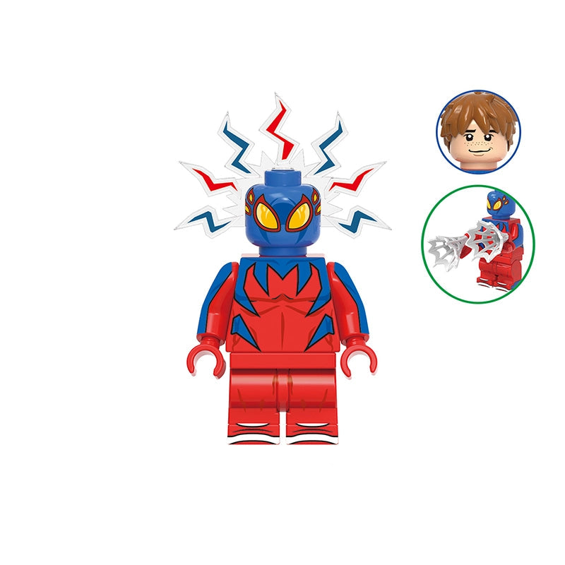 A toy building-block minifigure labeled 'GH1030' and 'Spider-Boy', shown on a plain white background with two small inset graphics: a circular head close-up and a circular action-view inset. The figure is primarily red with blue sections and yellow eyes.