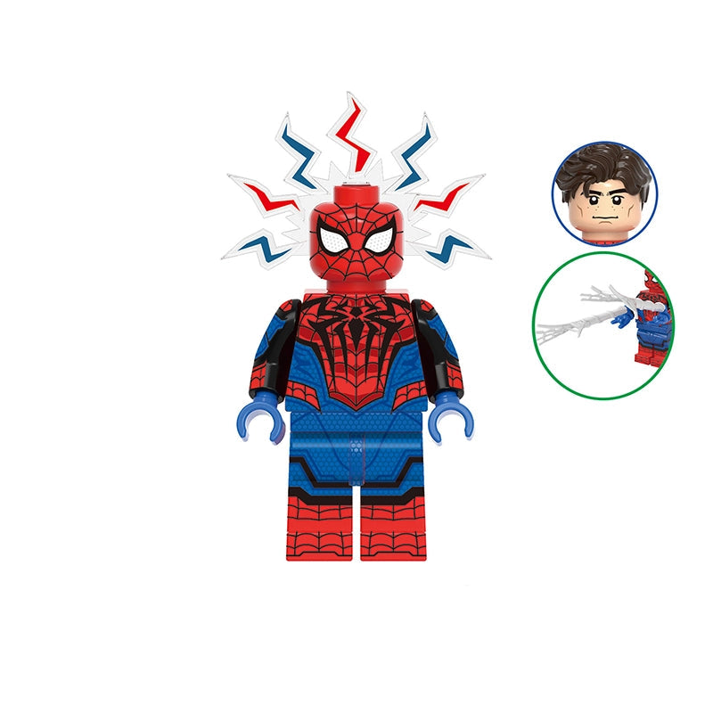 A Spider-Man-themed toy minifigure centered on a white background, with a gray label reading GH1032 at the top and text 'Marvel Rivals Spider-Man' below. Two circular inset graphics on the right show a close-up of the head and a web-slinging action view.