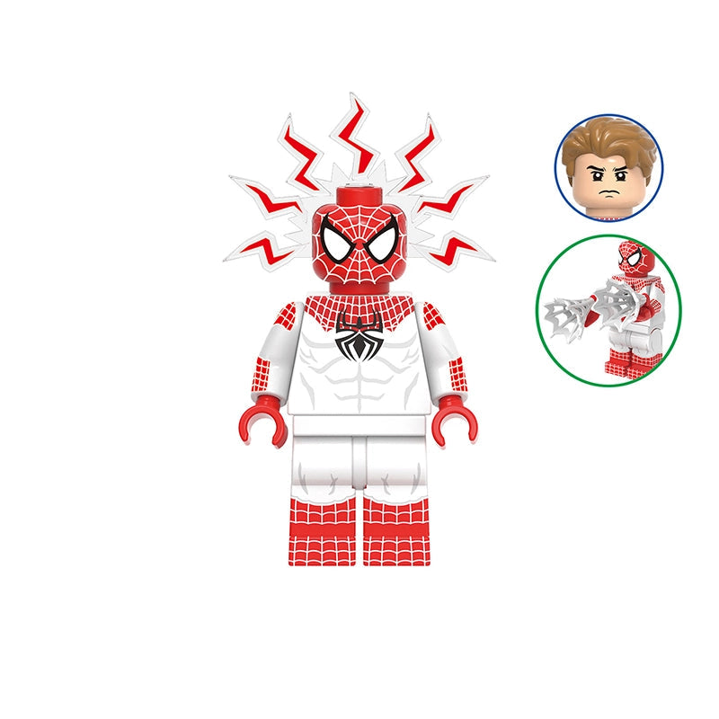 Ben Reilly Spider-Man minifigure with a white and red web-patterned suit, red mask, and red-and-white gloves, shown on a white background with model number GH1033, a circular inset of the alternate face, and a circular inset of the alternate pose.
