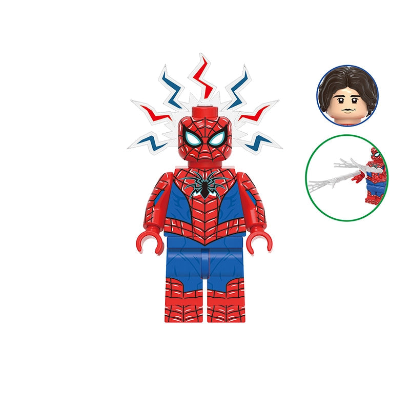 A Spider-Armor minifigure shown on a plain white background, with a gray label reading GH1034 at the top and 'Spider-Armor MK IV' at the bottom. Two circular inset graphics appear on the right: one showing a block face and one showing the figure casting a web.