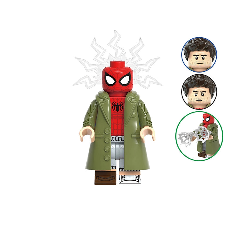 A Spider-Man-themed building block minifigure labeled 'Peter B Parker' on a white background, with model number 'GH1035' at the top and two circular inset photos on the right showing alternate face/details. The figure wears a red spider mask, red torso, olive green coat, gray pants, and brown boots.