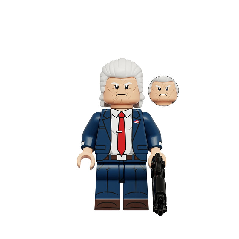 A custom mini-block minifigure of Cecil Stedman, featuring white hair, a blue suit, red tie, and a black gun, shown alongside an alternate angry face accessory on a white background.