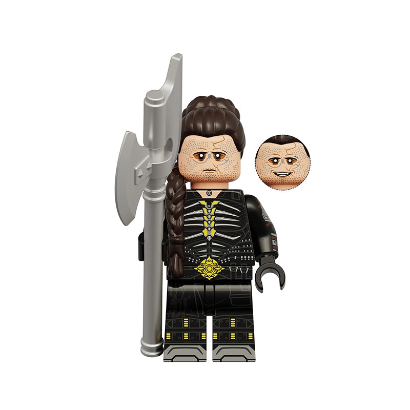 A custom Lego-style minifigure of Ruthye Marye Knoll, model K24005, featuring a black and gold printed outfit, brown hair, and an alternate face piece, shown with a silver axe on a white background.