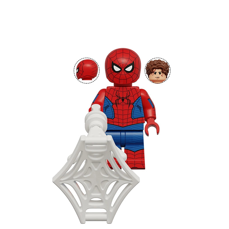 A Spider-Man building block minifigure with a red and blue body, shown with a white web-shooter accessory and two circular head customization options, on a plain white background.