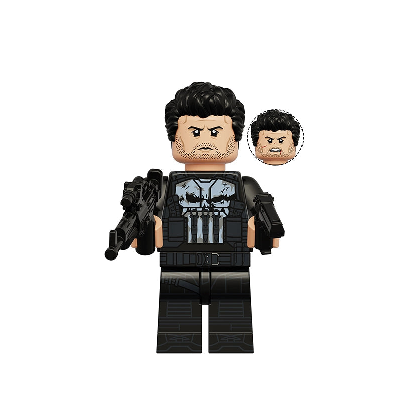 A Punisher-themed toy building block minifigure shown on a plain white background, with a small inset of an alternate angry face and the text 'K2408 Punisher' at upper left. The figure is mostly black with a gray and white skull-style chest graphic and printed skin tones.
