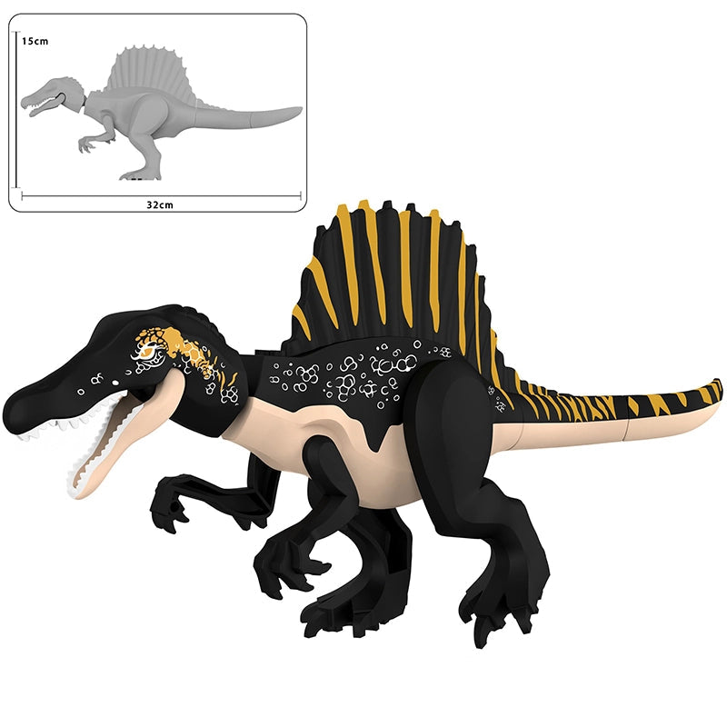 A toy building-block dinosaur model shown on a white background, with a small inset diagram at top left showing its dimensions and text at bottom right reading 'KL326 Black Spinosaurus' and 'Black Spinosaurus'. The product is predominantly black with yellow striped back spikes and a beige underside.