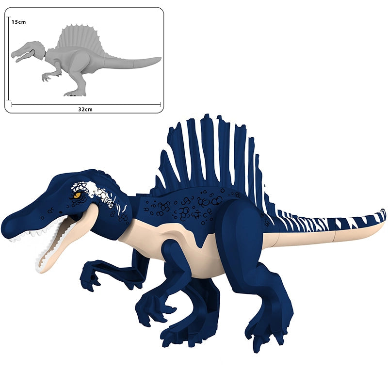 Blue and beige building block dinosaur toy, Spinosaurus, with a small inset showing the assembled toy and dimensions (15cm height, 32cm length).