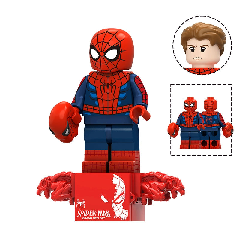 Spider-Man building block minifigure with red and blue suit, multiple red hands, and a red display base, shown on a white background with inset detail views and text reading TV1303 Spider-Man.