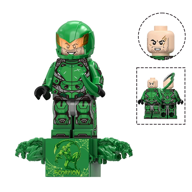 Green Scorpion building block minifigure with a separate beige angry headpiece shown in detail, plus two alternate heads and a green base labeled TV1306 Scorpion on a white background.