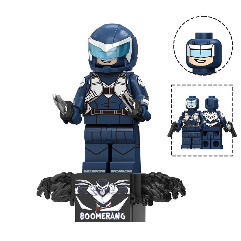 A toy building-block minifigure labeled Boomerang, shown front-facing on a white background with inset detail views of the helmet and accessories. The figure is predominantly dark blue with white and gray armor details, black gloves, and a black display base featuring the Boomerang name and character artwork.