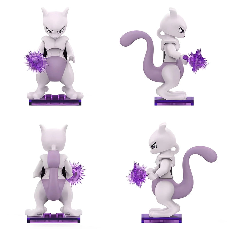 A 3D-rendered Mew figure shown from four angles on a plain white background. The character is pale lavender and light gray with a purple belly, black eyes, and purple spiky accessories in one hand, standing on a translucent purple base.