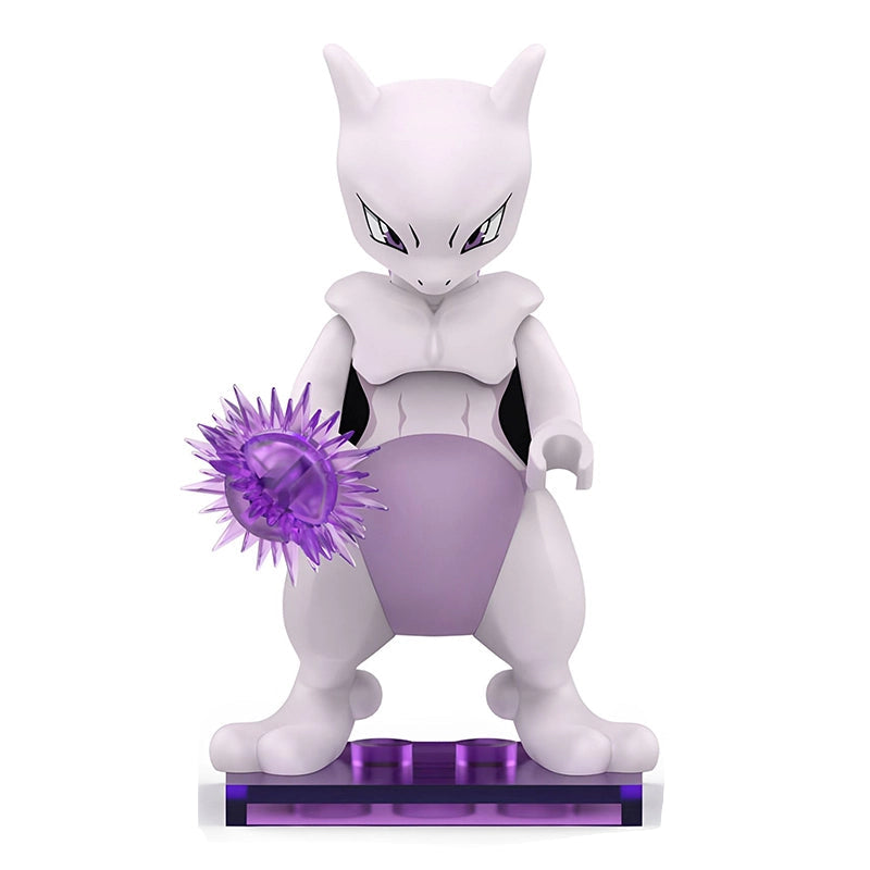 A Mewtwo collectible figure in a fighting stance, holding a translucent purple spiky orb, standing on a purple base. The figure is primarily white with a lavender-purple underbelly and black eyes.