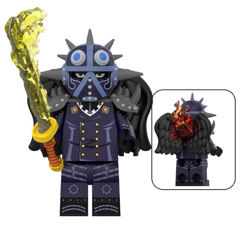 A custom building block minifigure of a dark fantasy king character, featuring a dark purple and black uniform, a blue and black spiked mask, and a golden sword accessory. An inset shows the back of the figure with a black winged cape and a red/orange flaming emblem on the shoulder.