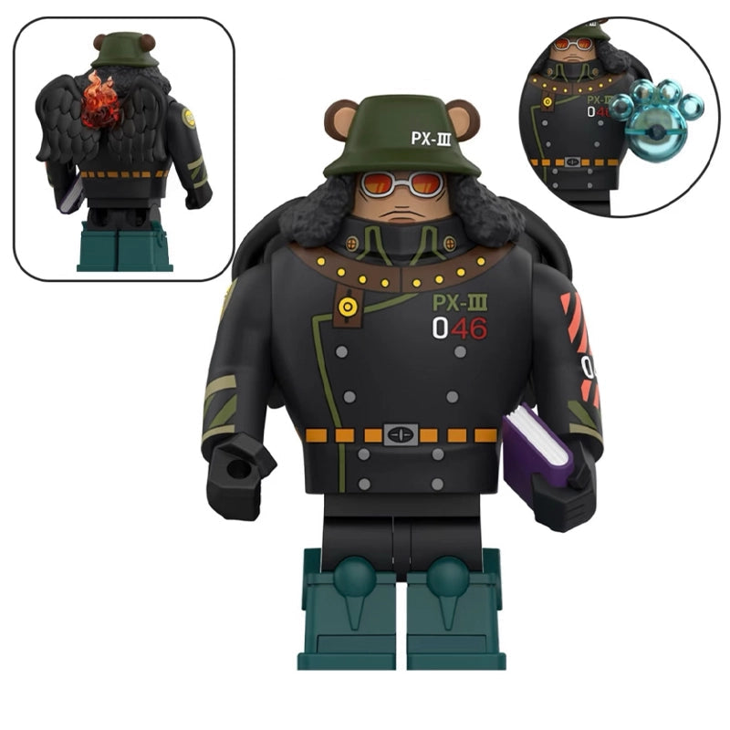A custom toy minifigure of a bear character in a black PX-III uniform with olive green accents, sunglasses, and a fur-trimmed coat, shown on a white background with inset views of the back and a hand detail, labeled 'Pre-Sale' and 'WM3113 pacist'.