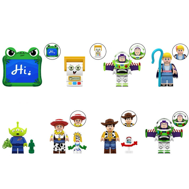 A product catalog graphic showing multiple toy minifigures and accessories on a white background, with the text 'Pre-Sale' in red at the top left and model numbers/labels below each item. Visible items include a green frog-shaped Li Ly pad, smartly pants, Buzz Lightyear figures, Bo Peep, Alien, Jessie, Woody, and additional small accessories.
