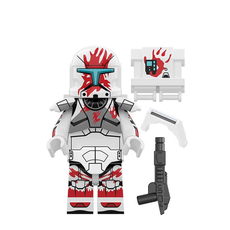 Clone Commando Sev with white, red, and black design on a white background