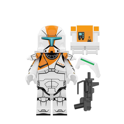 Toy figure with white and orange design, holding a weapon, on a white background.