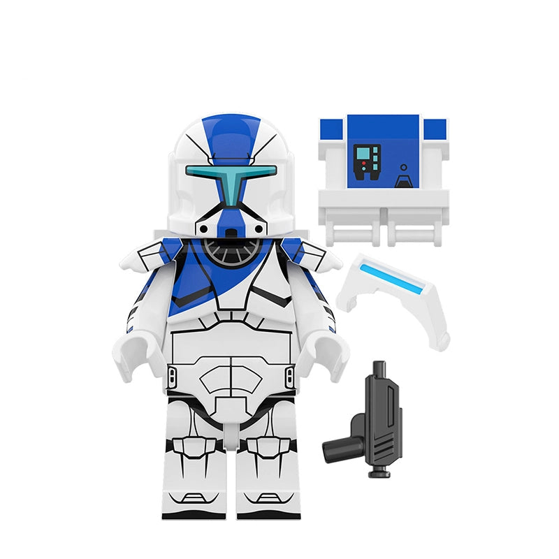 Toy figure with blue and white design, labeled XP-376 Niner, on a white background.