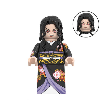 Toy figure of Kibutsuji Muzan in traditional attire with a close-up inset on a white background.