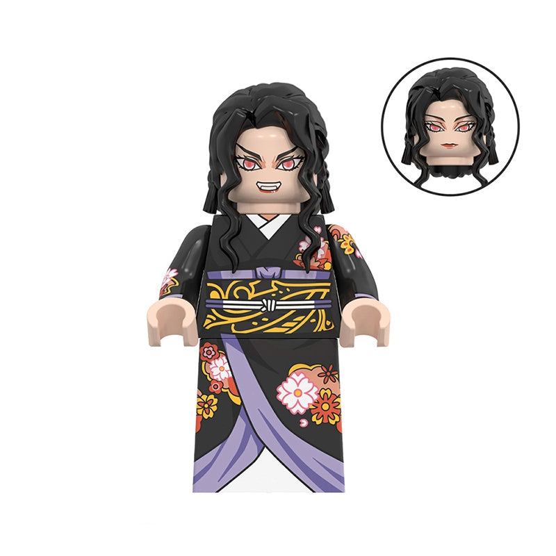 Toy figure of Kibutsuji Muzan in traditional attire with a close-up inset on a white background.
