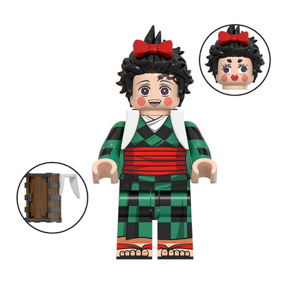 Toy figure of Kamado Tanjiro with checkered outfit and red bow tie on a white background