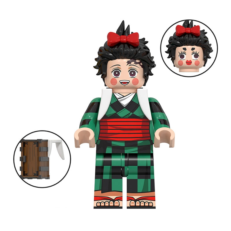 Toy figure of Kamado Tanjiro with checkered outfit and red bow tie on a white background