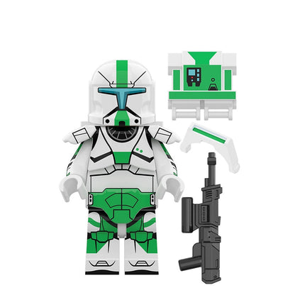 Toy figure with green and white armor, holding a weapon, on a white background