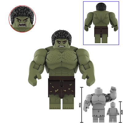 A block-style Hulk toy figure labeled AF368 BND HULK on a white background, with inset views showing the back, a close-up of the angry face, and small size comparison figures. The main figure is olive green with dark brown shorts and black hair.