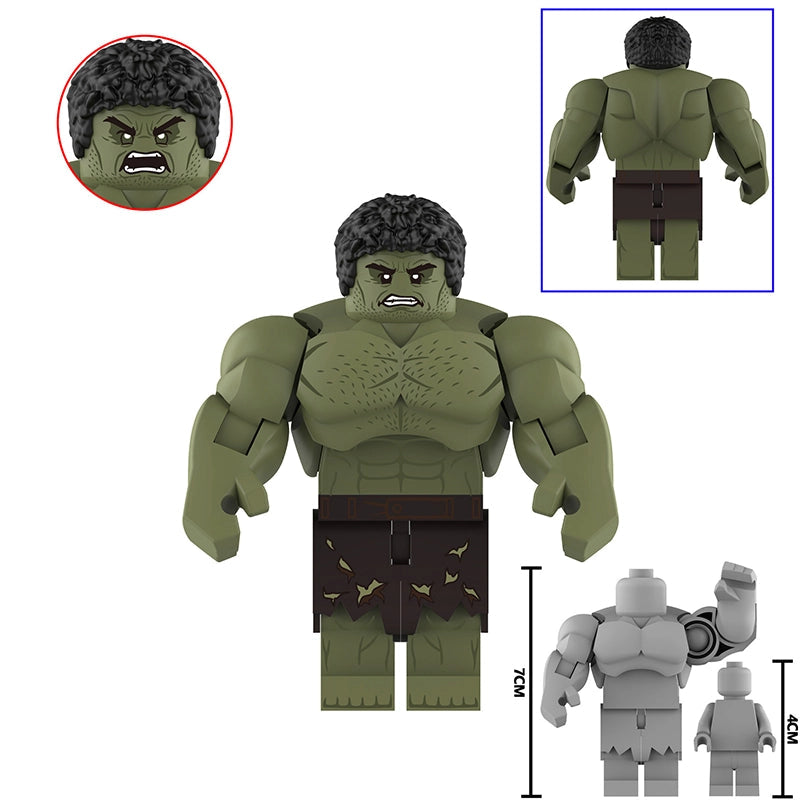 A block-style Hulk toy figure labeled AF368 BND HULK on a white background, with inset views showing the back, a close-up of the angry face, and small size comparison figures. The main figure is olive green with dark brown shorts and black hair.