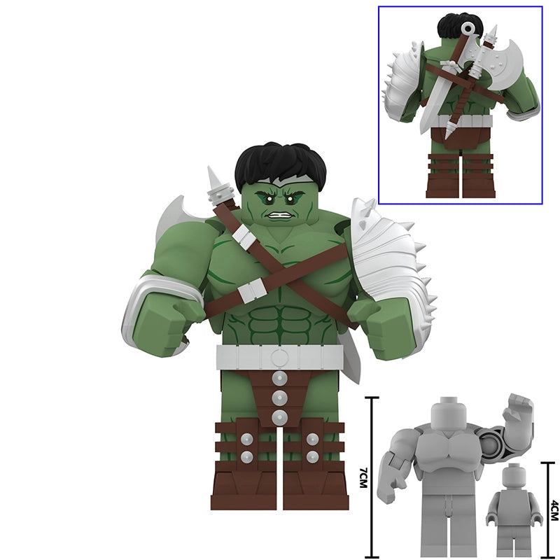 Roblox minifigure of a green-skinned warrior with a large white scar, brown harness straps, and black hair, shown on a white background with text reading 'AF369 GREEN SCAR' and a small inset showing the full figure.
