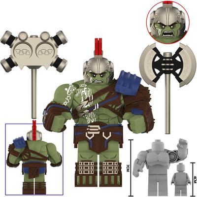 Gladiator Hulk toy building block figure with accessories, shown on a white background with text reading AF370 and GLADIATOR HULK. The main figure is green with brown armor, blue shoulder piece, silver helmet, and a red plume.