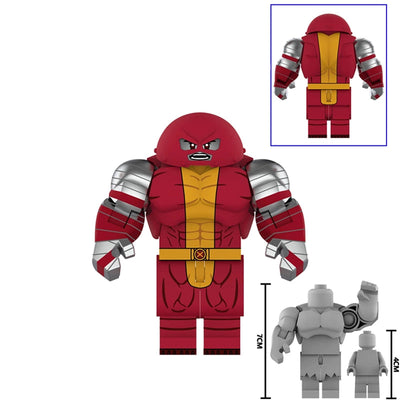 A block-style toy figure labeled AF371 Colossus Juggernaut, shown from the front with a small inset back view and two small gray alternate figure renderings on a white background.